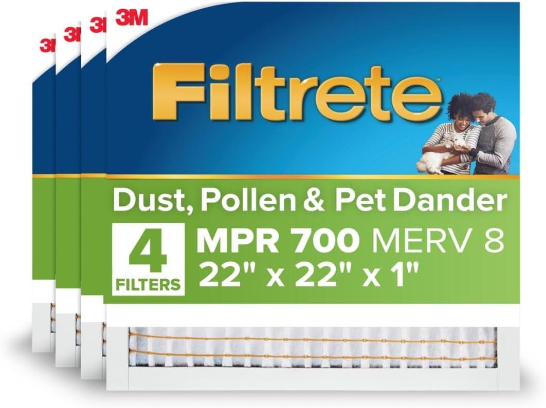 Filtrete 22X22X1 Air Filter, MPR 700, MERV 8, Clean Living Dust, Pollen and Pet Dander Reduction 3-Month Pleated 1-Inch Air Filters, 4 Filters