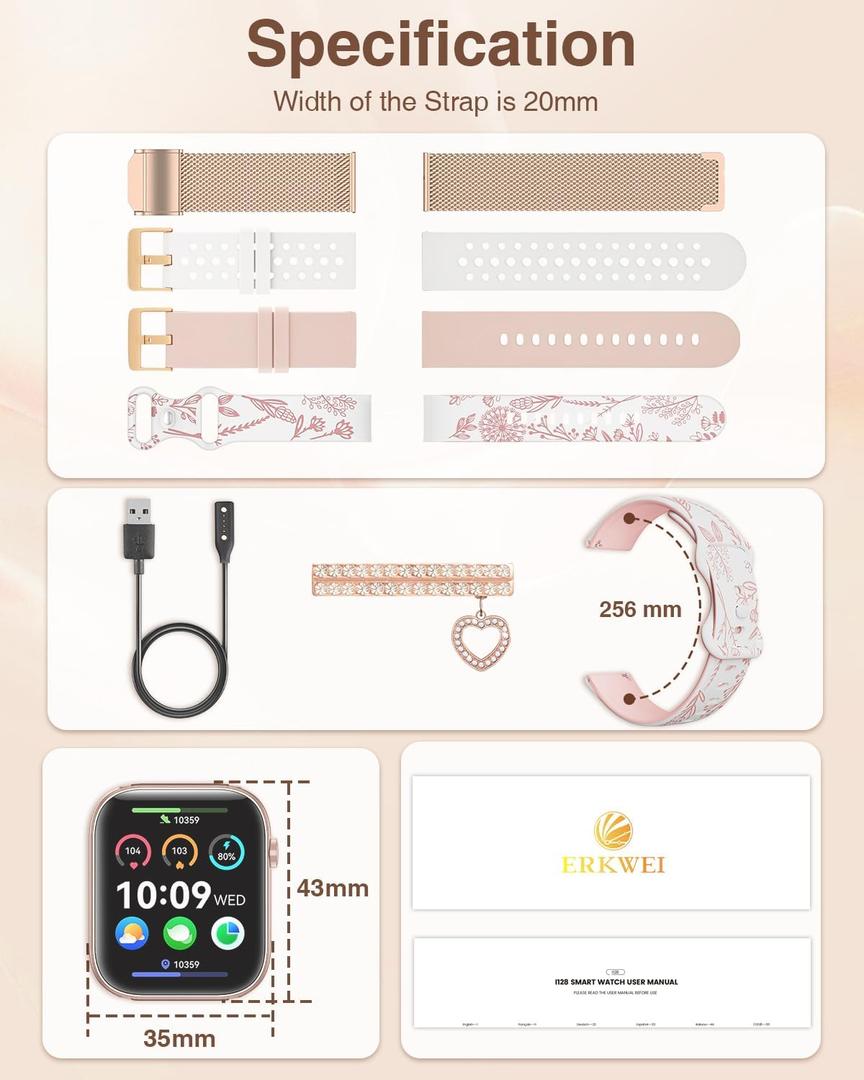 Smart Watches for Women with 4 Bands, 1.83" Fitness Trackers for Android iPhone Pedometer/Sleep/Heart Rate/SpO2 Monitor Smartwatch for Bluetooth Calls/Notifications 110+ Sports Modes 100+/DIY Dials (Rose Gold)