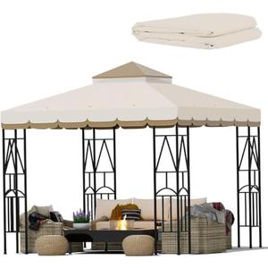 Morikoro 10x10 Canopy Replacement Top Double Tiered Gazebo Cover for Yard, Patio & Garden Durable Sunshade Replacement (BeigeBrown with lace)