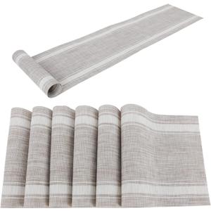 Placemats Set of 6 and Table Runner Set,Washable Easy Clean PVC Heat Resistant Farmhouse Modern for Various Tables Decorate in Kitchen Dinner Restaurant(White)