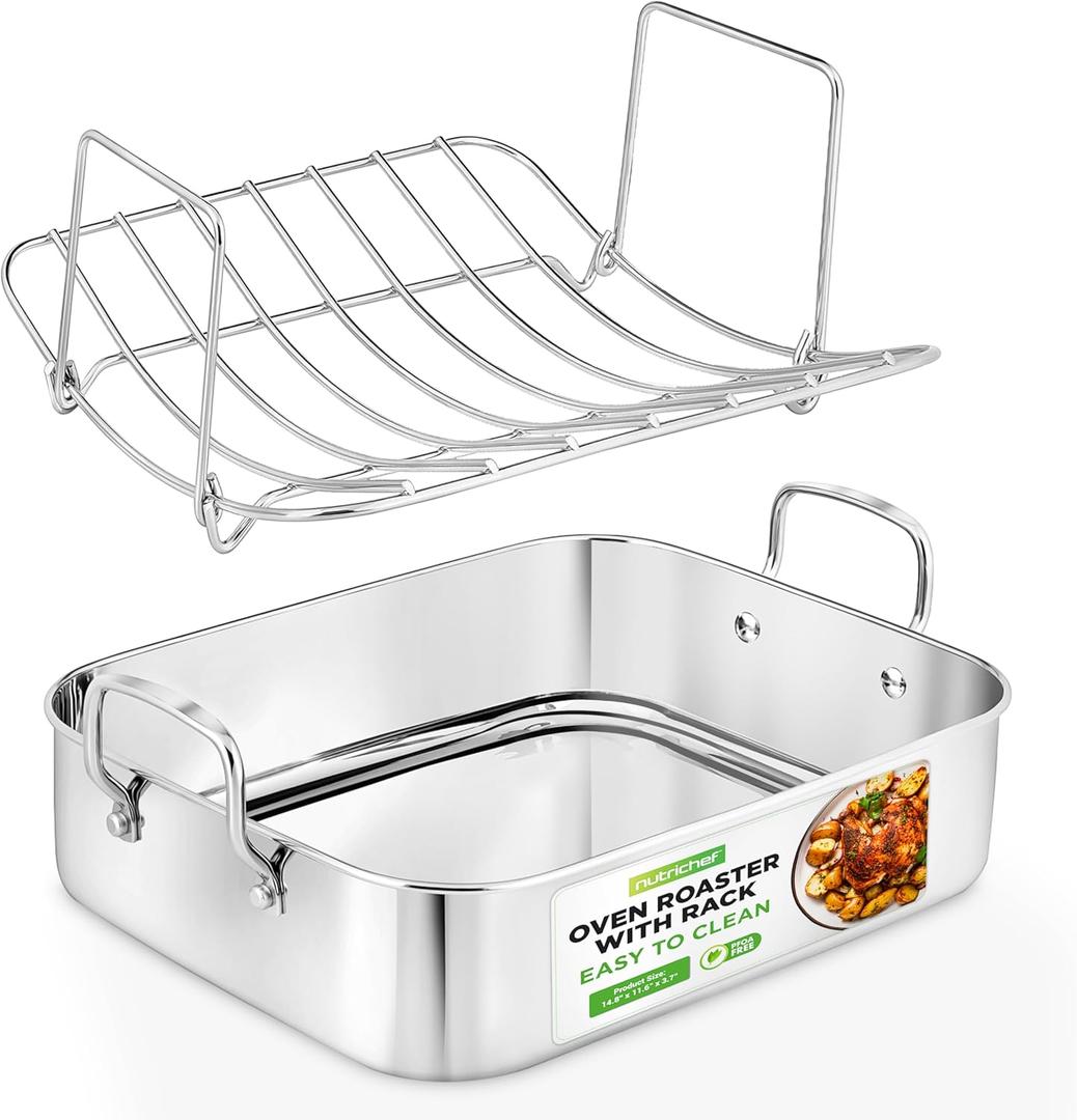 Nutrichef Stainless Steel Roasting Pan with Rack  Oven Roaster w/ Riveted Handles for Turkey Chicken, Meat & Veggies  Non Toxic Material for Healthy Cooking, Easy to Clean, Dishwasher & Oven Safe