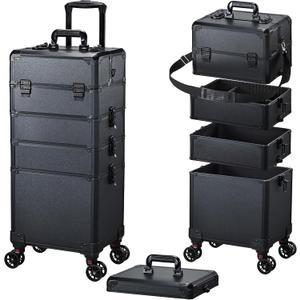 Rolling Makeup Case Makeup Train Case with Lid 5 in 1 Cosmetology Case on Wheels Cosmetic Trolley Organizer Large Makeup Organizers Case Profesional Cosmetic Case for Salon Barber Nail Beauty, Black