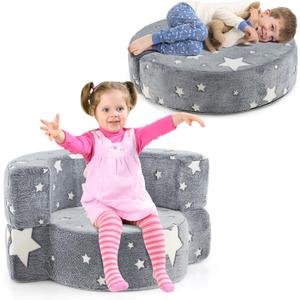 Costzon Kids Couch, 2 in 1 Convertible Toddler Reading Chair Sofa Glow in The Dark with 8-inch Sitting Cushion, Flannel Cover, Lightweight Children Plush Sofa Chair for Boys Girls Gifts (Small, Grey)