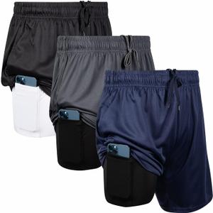 Ultra Performance 3 Pack Mens 2 in 1 Athletic Running Shorts 7 inch Inseam Workout Gym Compression Shorts for Men (Large, Navy/Black, Black/White, Char/Black)