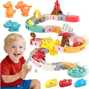 Dinosaur Bath Toys with Track & Fishing Rod  47PCS Wall Suction Slide Playset for Toddlers, DIY Water Race Track with 6 Dino Toys, Bathtub Fun Gift for Kids Boys Girls Age 3+