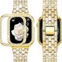 Supoix Compatible with Apple Watch Band 38/40/41/42/44/45/46/49mm+ Case, Women Jewelry Bling Diamond Rhinestone Replacement Metal Bands & 2 Pack PC Protector Case for iWatch Ultra 3/2/1 Series 11/10/9/8/7/6/5/4/3/2/1/SE (Gold)