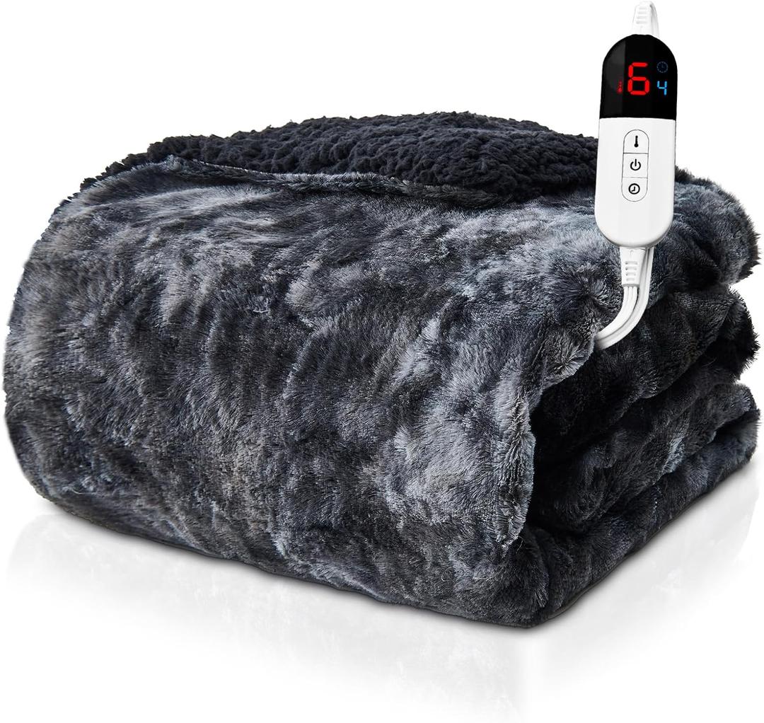 Electric Heated Throw Blanket - Faux Fur Sherpa 50"x60" Fast Heating Bed Blankets Throw with 6 Heating Levels & 4 Hours Auto Off, Over-Heat Protection ETL, Black