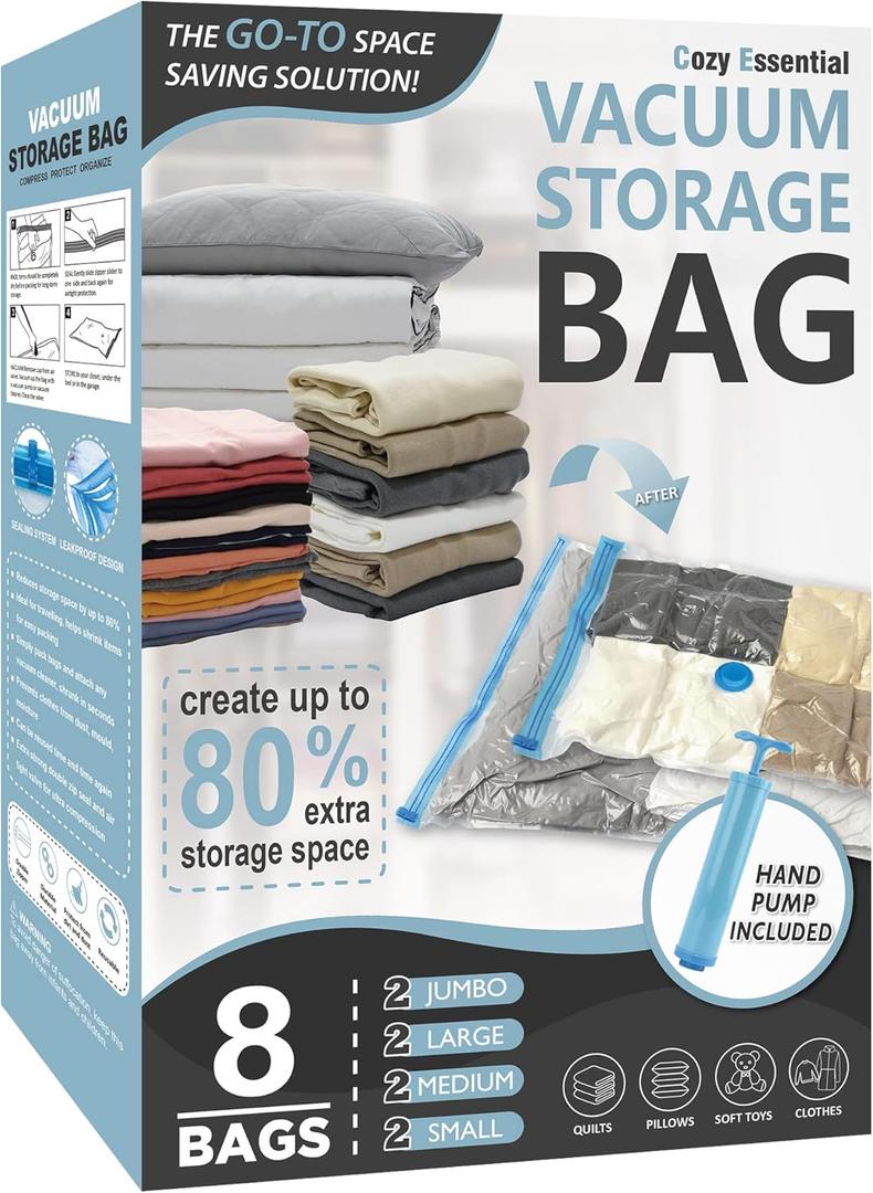 Cozy Essential Vacuum Storage Bags, Compression Space Saver Bags for Clothes, Comforters, Blankets, Pillow, Bedding, Sealer Clothing Storage,8 Combo