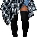 Women's Plaid Skirts High Waisted Knot Front Asymmetrical Hem Mini Skater Skirt (Black, XXL)