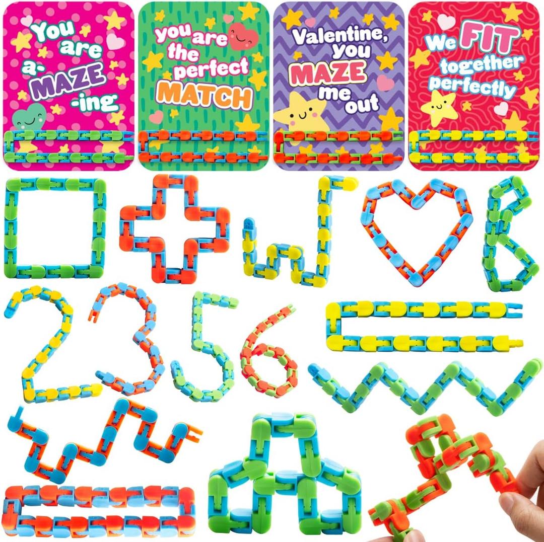 JOYIN 28 Pack Wacky Tracks with Valentines Cards, Twist Track Fingers, Snake Puzzles Fidget Toys for Stress Relief, Gift Exchange, Holiday Birthday Party Favor Valentines Day Cards for Kids School