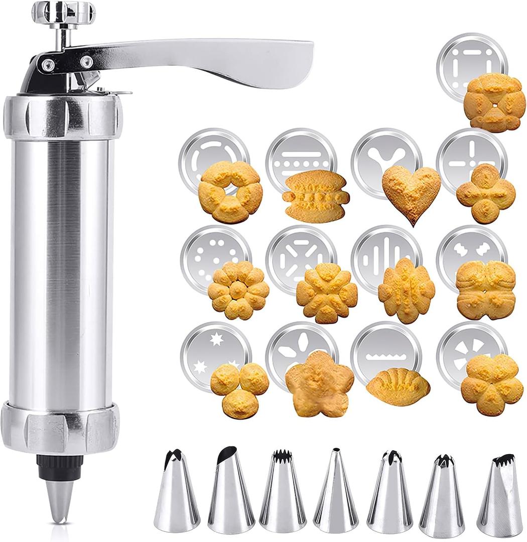 Cookies Press Gun Kit Set, Aluminium Alloy Cookies Biscuits Press Maker Kit with 7 Nozzles & 13 Molds Cake Decorating Baking Tool