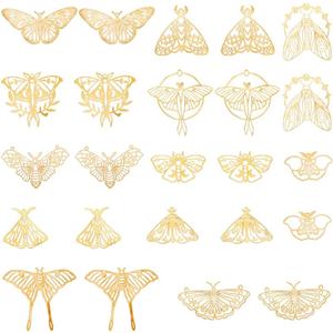 SUNNYCLUE 1 Box 24Pcs 12 Styles Gold Butterfly Connector Charms Brass Link Charm Bulk Metal Hollow Butterflies Moth 2 Holes Connectors Charm for Jewelry Making Charms Earring DIY Crafts Accessories