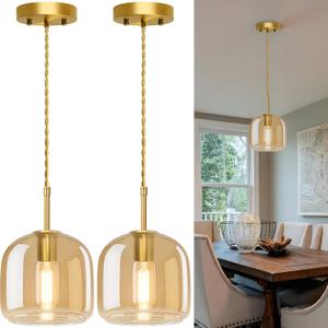 Pendant Lights Kitchen Island 2 Pack,Vintage Pendant Light Fixture with Amber Glass Shade,Gold Vintage Pendant Light for Dining Room,Kitchen Island,Hallway,Living Room and Coffee Shop