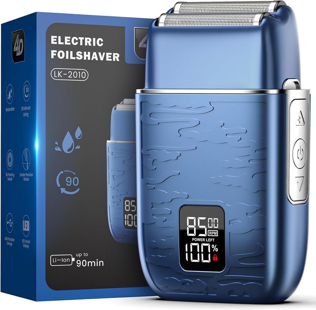 Electric Razor for Men, Electric Shaver for Men, Upgraded Foil Shaver with 3 Adjustable Speeds, Type-C Rechargeable Close Shave Beard Trimmer, IPX7 Waterproof Wet/Dry Travel Lock (Blue)
