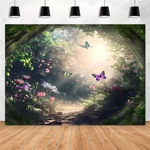Yieldeer Enchanted Forest Photo Backdrop Butterfly Wall Tapestry Fairy Photography Background Garden Themed Birthday Party Decorations Banner, 7x5ft