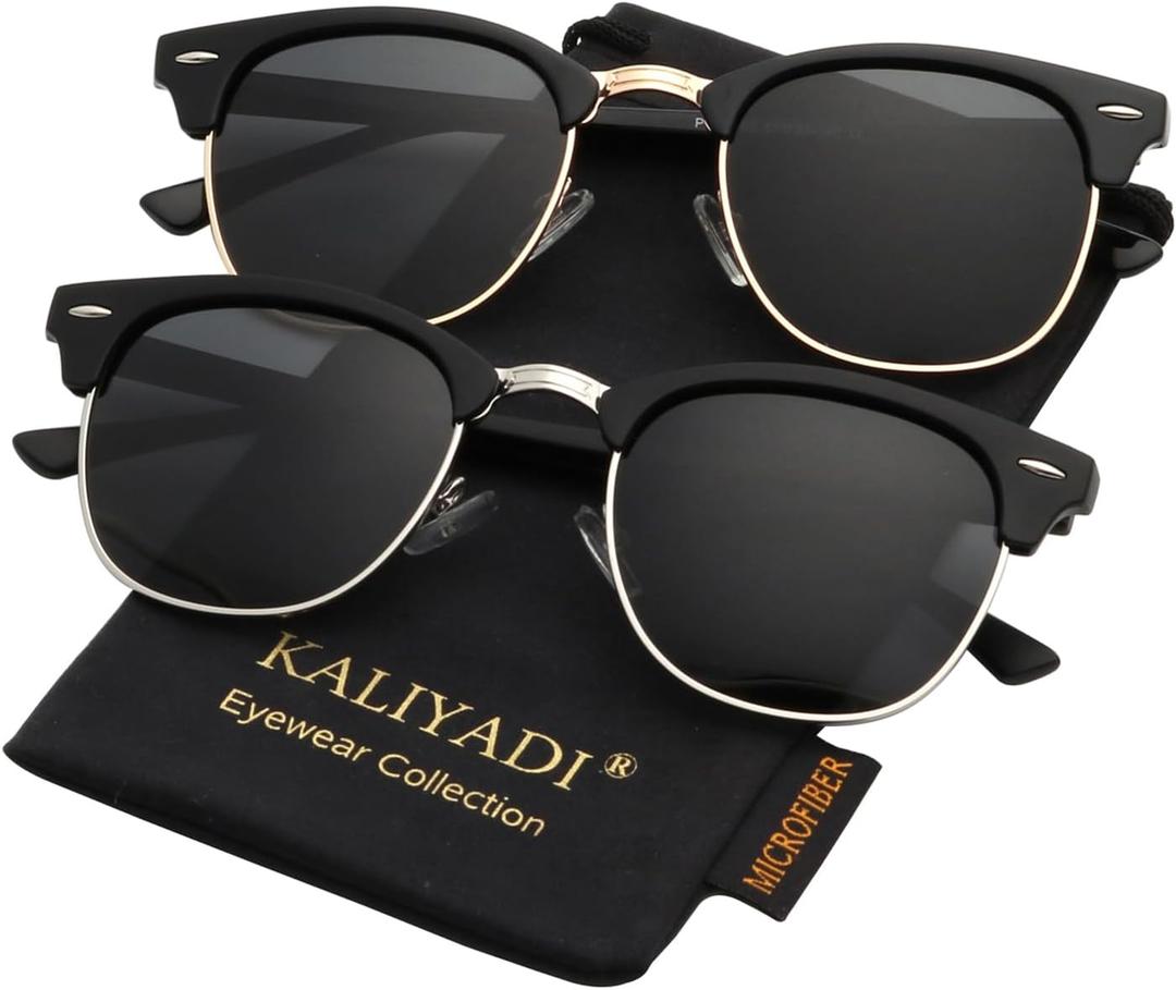 KALIYADI Polarized Sunglasses for Men and Women Semi-Rimless Frame Driving Sun glasses UV Blocking (A06-(2 Pack) Glossy Black | Black | Golden Rim / Matte Black | Black | Silver Rim)