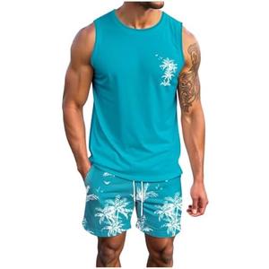 SOLY HUX Men's Short Sets 2 Piece Outfits Summer Tropical Print Tank Tops and Drawstring Shorts Sets, Large