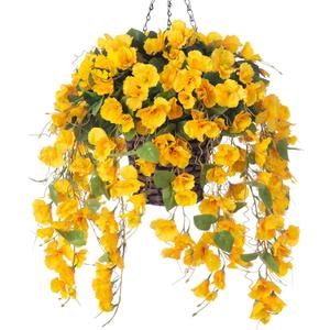 HyeFlora Artificial Hanging Flower Baskets for Spring Decoration, Outdoor Fake Plant Faux Silk Hibiscus Long Vines in Planter UV Resistant Realistic Flowers for Outside Porch Patio Home Decor, Yellow