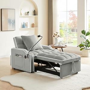 KEIKI 36" Velvet Convertible Pull-Out Sleeper Sofa Chair Bed with Adjsutable Back, 2 Arm Pocket, USB, 1-Seater Couch with Swivel Phone Stand, Easy Assembly, for Living Room, Bedroom, Gray