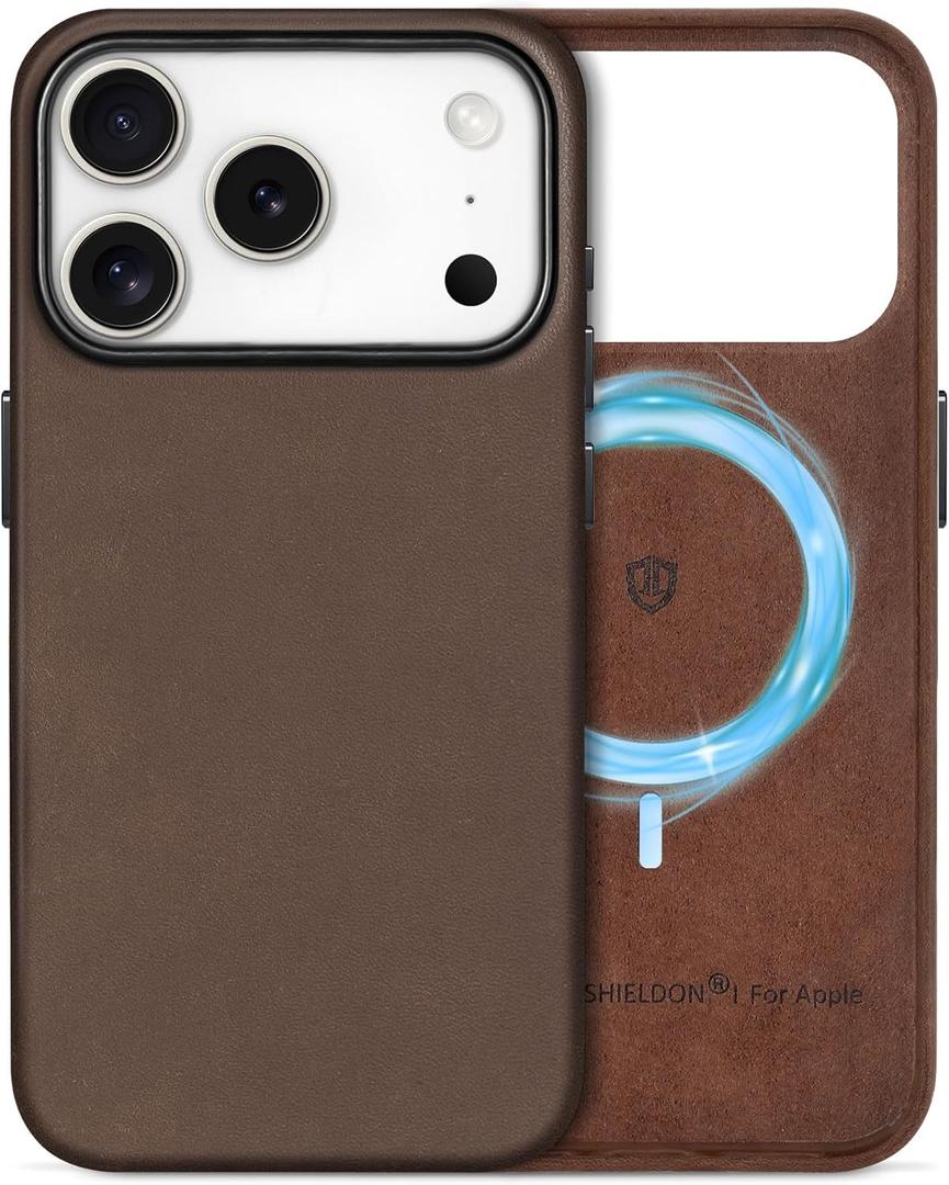 SHIELDON Case for iPhone 17 Pro 6.3" 2025 | Top Grain Crazy Horse Leather, Compatible with Magsafe, Slim Fit, Magnetic Wireless Charging, Non-Slip, Shockproof, Metal Buttons, Camera Bezel - Dark Brown