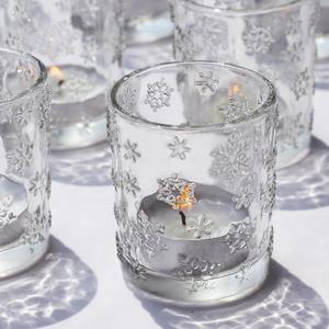 VOHO 24pcs Tealight Candle Holder Raised Snowflake Design, Glass Candle Holder for Winter Holiday, Clear Votive Candle Holders for Theme Birthday Party, Home Decor