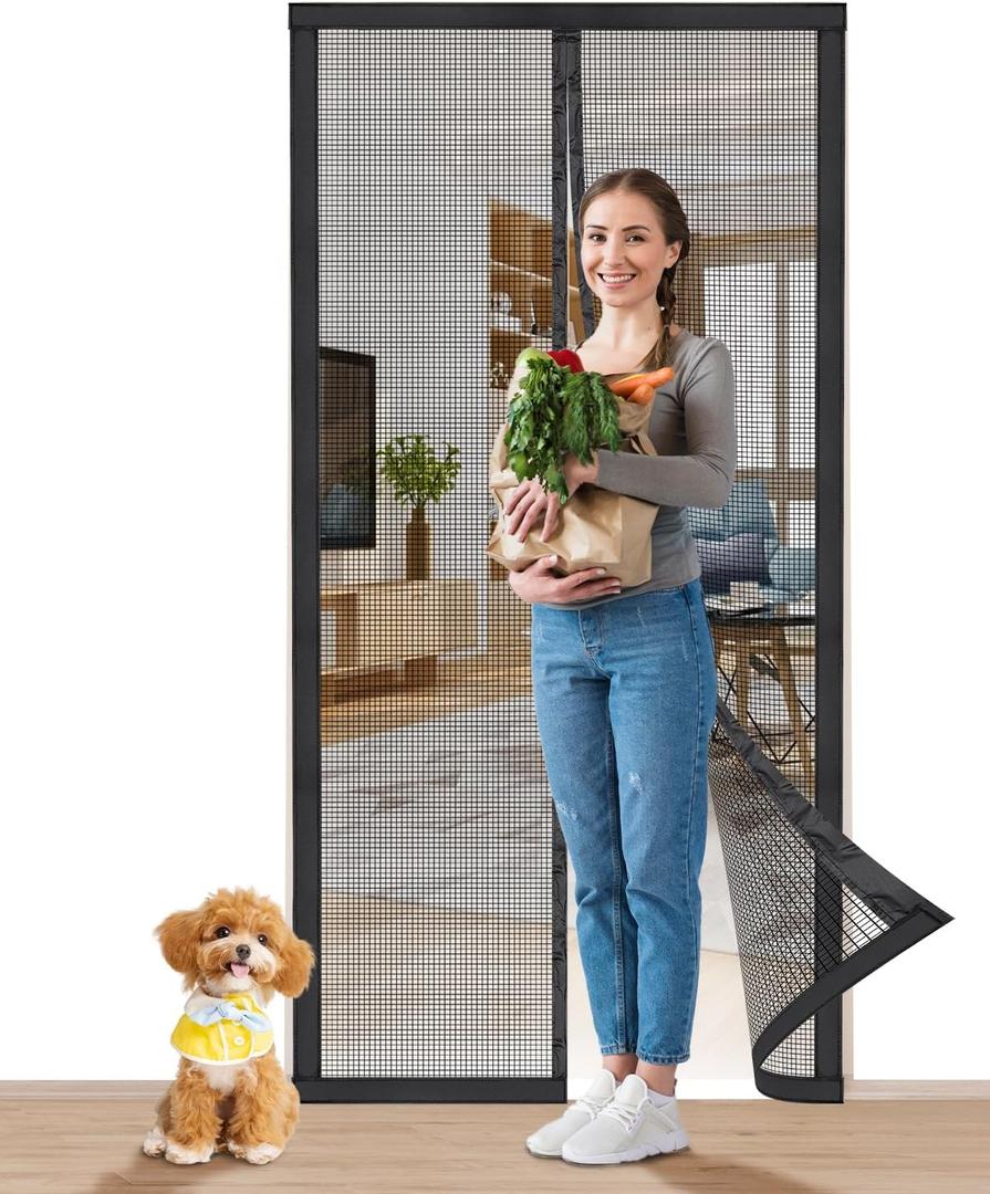 Magnetic Screen Door |Fits 36"x80" Door| Hands Free Retractable Screen Door Magnetic Closure Keeps Bugs Out | 2025 Upgraded PET- Tiny Hole | Self Sealing | Pet and Kid Friendly| 39 Inch x 82 Inch (Polyethylene terephthalate (PET)-Black)