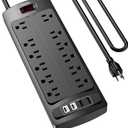6 Ft Extension Cord Power Strip, Teiobar Surge Protector with 12 AC Outlets and 4 USB Ports for Home, Office, Dorm Essentials, 1875W/15A, 2700 Joules, ETL Listed, Black