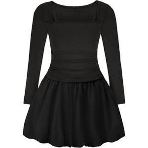 EXARUS Girls Dress Off The Shoulder Bodycon/Bubble Long Sleeve Teen Ruched Homecoming Dance Party Prom Tween Dresses (14 Years, Square Neck Bubble Black)