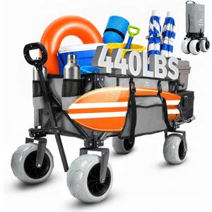 Beach Wagon with Extended Tailgate, 9" Big Sand-Proof Wheels, Heavy Duty 440lbs Folding Wagon Cart, 41" Utility Wagon with Side Bag, Adjustable Handle for Sand, Outdoor