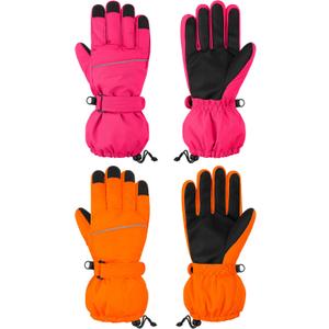 Cooraby 2 Pairs Kids Snow Ski Gloves Winter Waterproof Warm Gloves for Boys Girls Cold Weather Outdoor (9-12 Years, Orange, Hot Pink)