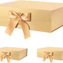 GREEN BEAN 3 Extra Large Gift Box with Lid for Present 16.3x14.2x5 Inches, Fathers Day Gold Magnetic Gift Box with Ribbon, Shirt Gift Boxes for Clothes (Glossy Gold)