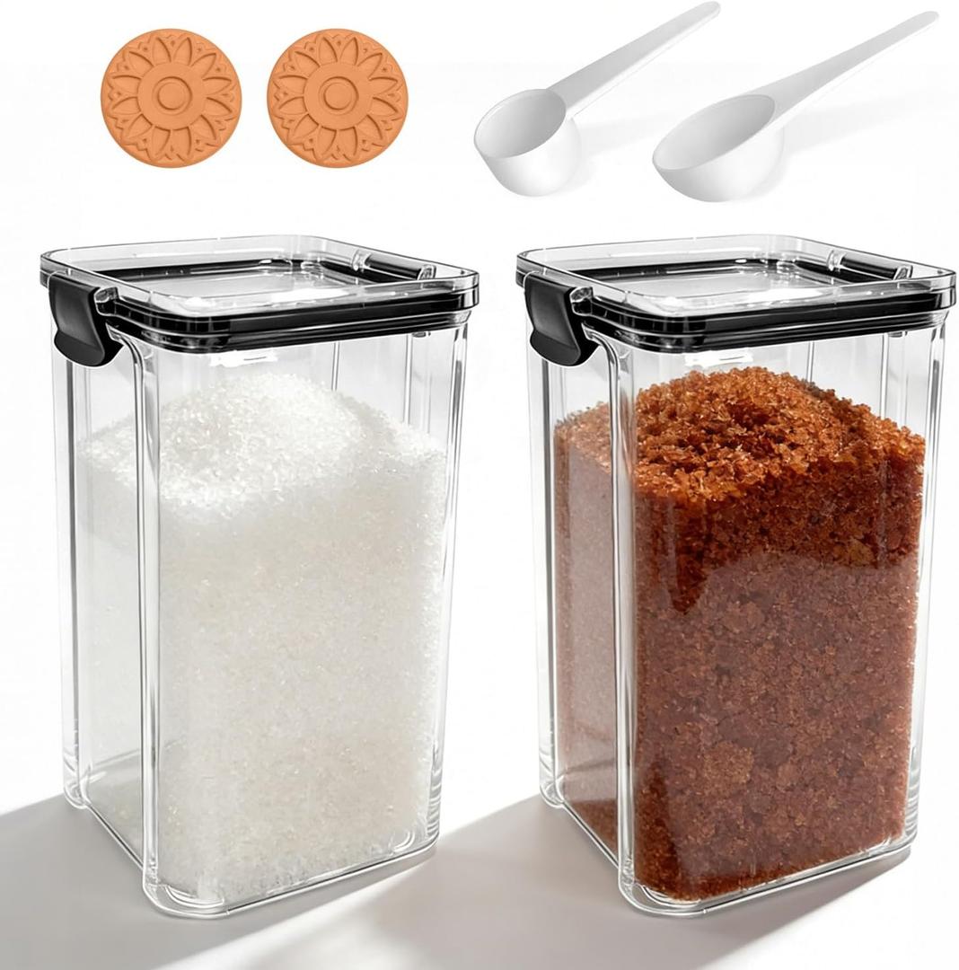 Brown Sugar Container (2-Pack), 44Oz/1300ml Airtight PET Storage Jar with Lid, Spoon & 2 Sugar Savers - Stackable Kitchen Canister for Baking, Salt, Snacks, Flour, Coffee