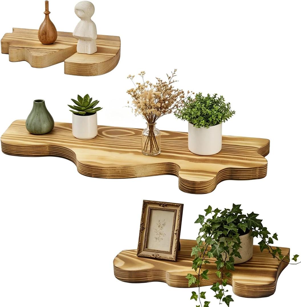 Wooden Floating Shelves, Rustic Wave Edge Wall Display Shelf Set of 3, Carbonized Pine Finish, Space-Saving Wall Mounted Storage Rack for Bathroom, Bedroom, Living Room, 3 Assorted Sizes, 7.09 x 3.94 in,15.75 x 5.91 in,9.84 x 5.12 in