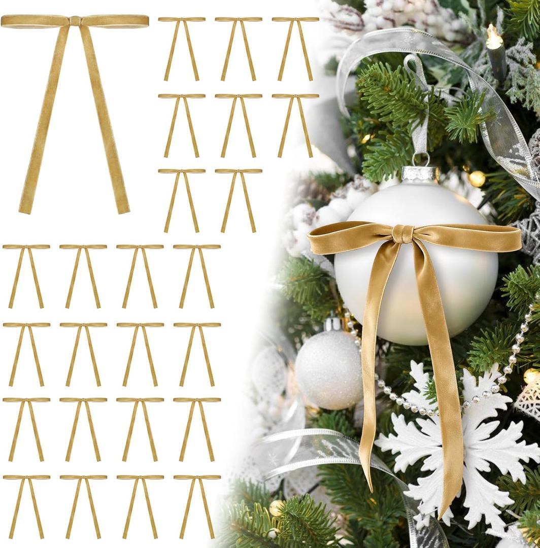 Fanfantoey 24Pcs Christmas Bows 5 x 7 Inch Velvet Bows for Christmas Tree 3/8 Inch Wide Christmas Tree Bows Vintage Velvet Ribbon (Khaki)