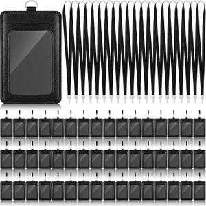 Ireer 48 Pcs ID Badge Holder with Lanyard, PU Leather Card Holder Vertical with Clear ID Access Card Window, Slot for Office Work, School Student, Black