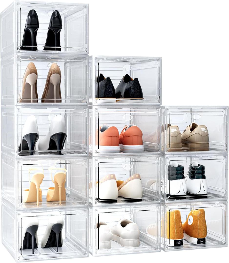 12 Pack Upgrade Harder Solid Plastic Shoe Organizer, Shoe Boxes Clear Stackable, Sneaker Storage for Closet, Shoe Display Case (White)