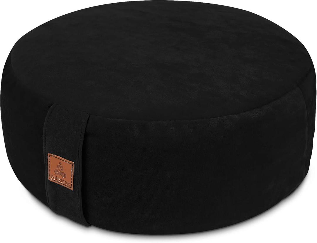 Round Velvet Meditation Pillow D=13"/16" H=5.5" Yoga Bolster Floor Pouf Zafu Buckwheat Meditation Cushion for Sitting on Floor,Removable Organic Cotton Cover Kneeling Pillow (Black)