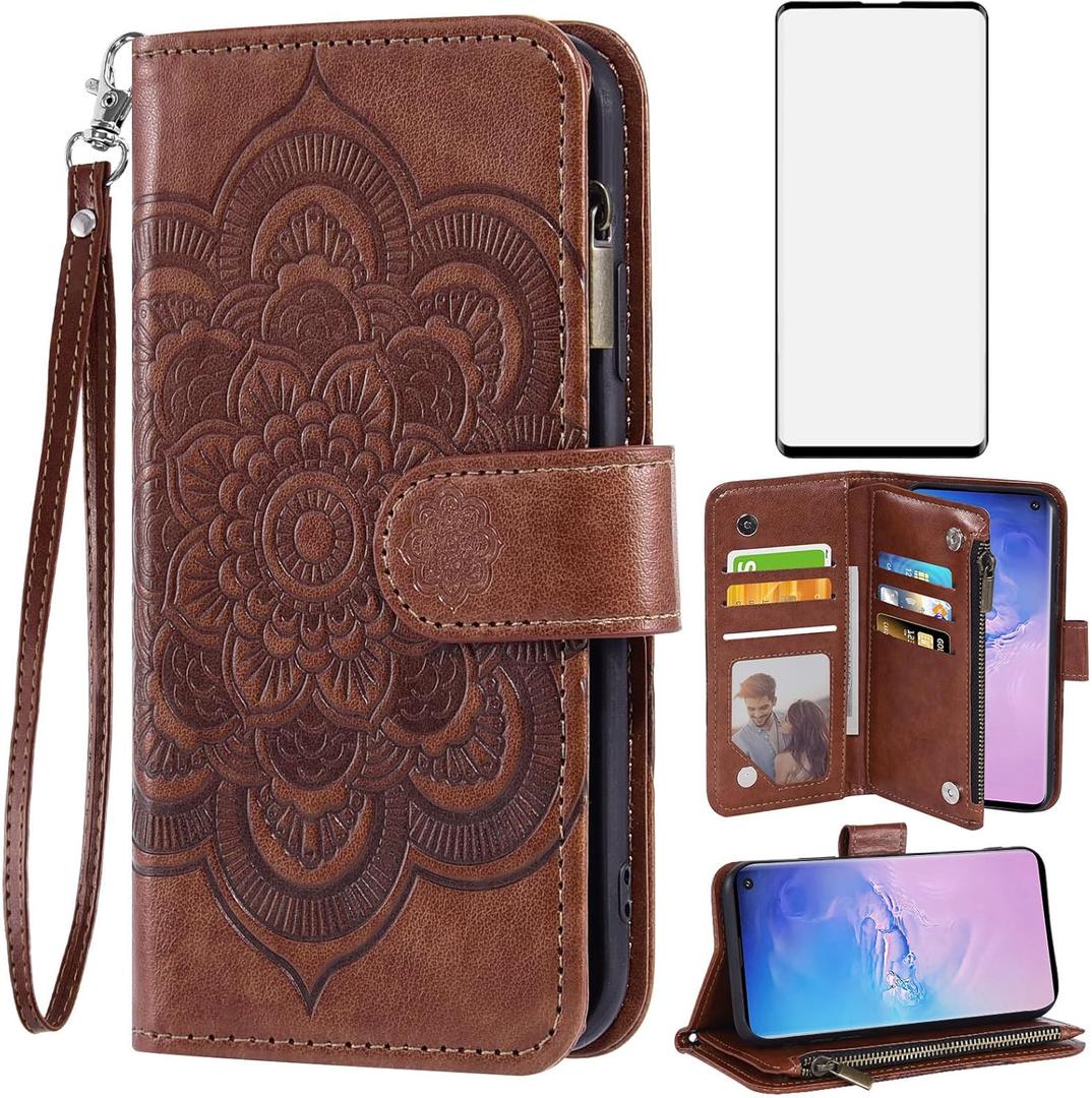 Asuwish Phone Case for Samsung Galaxy S10 Wallet Cover with Tempered Glass Screen Protector and Flower Leather Flip Credit Card Holder Stand TPU Cell Accessories S 10 Edge 10S GS10 X10 Women Men Brown