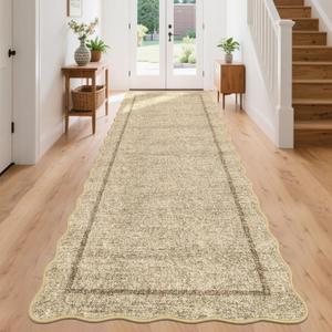 GarveeHome Scalloped Washable Runner Rug 2x8 Runner Modern Non Slip Kitchen Rugs Entryway Rug Farmhouse Soft Bathroom Rugs Stain Resistant Carpet for Hallway Laundry Bedroom 2 ft x8 ft Jute