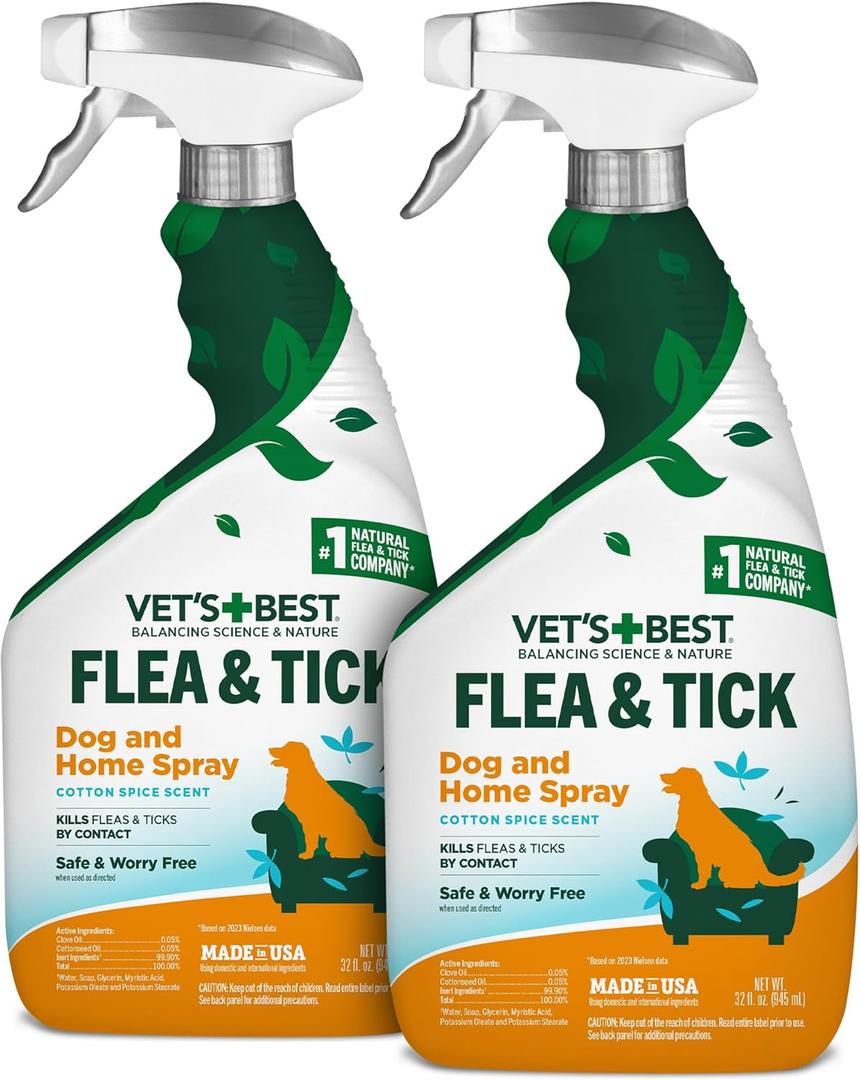 Vet's Best Natural Indoor Flea and Tick Spray  Dog Flea and Tick Treatment for Home, Plant-Based Formula with Natural Oils, Kills Fleas, Eggs & Ticks on Contact, USA Made, Cotton Spice, 32 oz, 2-Pack