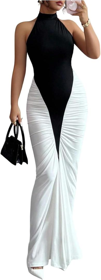 GORGLITTER Women's Halter Maxi Dress Ruched Bodycon Formal Birthday Evening Elegant Wedding Guest Cocktail Dresses Black and White Small