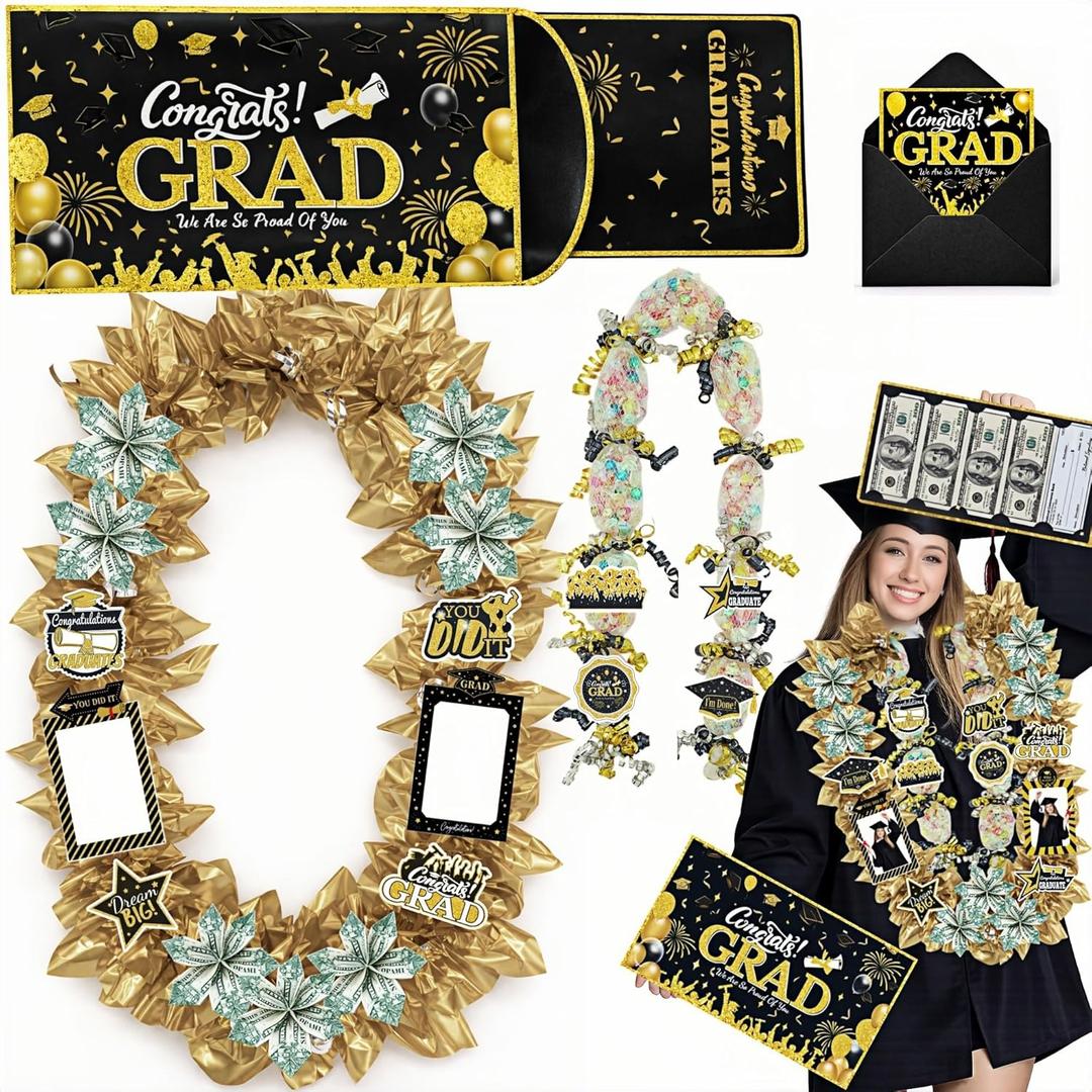 Class of 2026 Graduation Leis with Money Gift Set, 2 pcs Candy Lei Graduation Cash Holder,Personalized Graduation Gifts Money Leis with Photo Frame Congrats Grads Gift Idea for Graduate Party Supplies-Gold Black