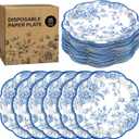 100 Pieces Blue Flower Paper Plates 7 Inches Disposable Floral Paper Plates Scalloped Blue Chinoiserie Vintage Flower Dessert Plate for Wedding Birthday Holiday Party Decor Supplies
