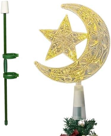 11 inch Tree Topper Holder Christmas Tree Decoration with 8 Inch Christmas Tree Moon Star Topper Lighted with Warm LED Lights for Xmas Ornament Xmas Tree Topper Light Plant Top for Christmas Holiday