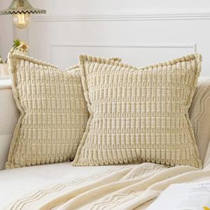 MIULEE Beige Corduroy Decorative Throw Pillow Covers Pack of 2 Soft Striped Pillows Pillowcases with Broad Edge Winter Modern Boho Home Decor for Couch Sofa Bed 18x18 Inch