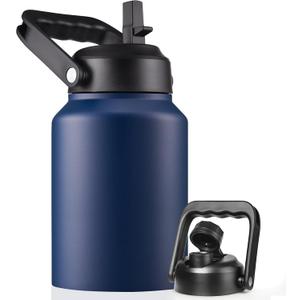 Half Gallon Insulated Water Bottle Jug with Straw, 64 oz Large Stainless Steel Sports Metal Water Flask with Handle, Thermal Water Cup Mug with 2 Lids, Navy Blue