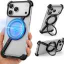 Z Metal Case for iPhone 17 Pro Max Frameless, Aluminum Alloy Bumper Compatible with Magsafe Kickstand Minimalist Shockproof Cool Cover Hard Shell with 360Ring Holder Magnetic Stand, Black