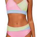 Teen Girl Swimsuit Two Piece - Color Block Bikini Adjustable Straps Bathing Suit Padded Swimwear Pink Blue Green 14-15 Years