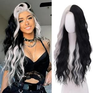 WECAN Black and White Wig-Long White and Black Wigs for Women Natural Wavy Synthetic Wig Heat Resistant Fiber Wigs for Daily Party Halloween Cosplay (28 Inch)
