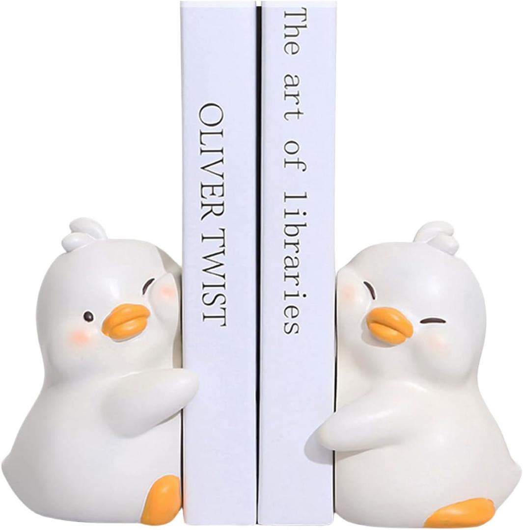 Cute Hug Ducks Decorative Bookends, Unique Book Ends to Hold Books Creative Resin Book Holder Stopper for Home Office Desk Bookshelf Decoration (White)